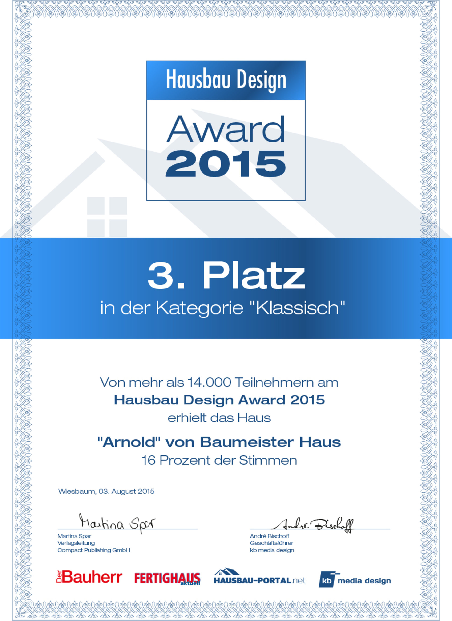 Urkunde des Hausbau Design Award 2015