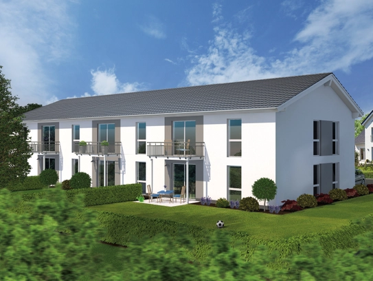 Das FlexPlus-Prinzip. Variante S1. Die zeitlose, attraktive Architektur integriert sich harmonisch in ein bestehendes Umfeld. Die flexible Ausführung der Fassade und des Daches lässt weiteren Spielraum bei der Gesamtgestaltung zu. Dargestellt ist eine beispielhafte Umnutzung als 6-Parteien-Objekt mit öffentlich geförderten Wohnungen (Sozialwohnungen).