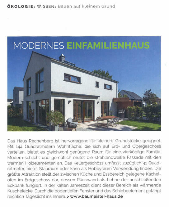 Das Haus Rechenbeg, bauen. Am 12/1, Dezember/Januar 2023 im Artikel der Ökologie. Wissen. Bauen auf kleinem Grund. Modernes Einfamilienhaus.