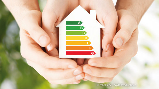 4 Hände halten ein Haus mit Energieübersicht fest