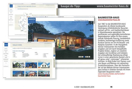 Screenshot des bagui.de Artikels 'HausbauHelden 4/21' zeigt die Webseite von baumeister-haus.de