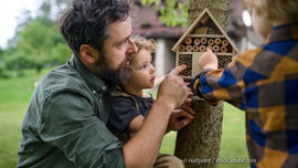Wer seinen Garten nachhaltig und vielfältig anlegt, kann neben den Pflanzen auch vielen Insekten und Vögeln einen Lebensraum bieten. (Foto: © Halfpoint / stock.adobe.com) Vater und Kinder betrachten ein Insektenhotel