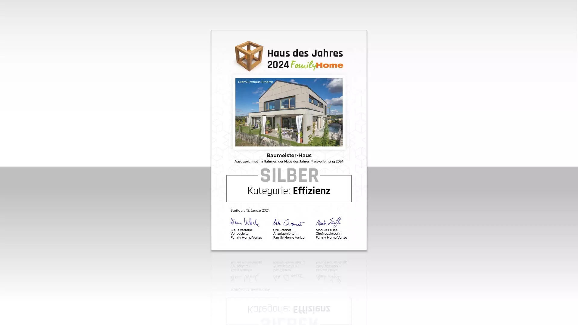 Urkunde Silber bei Haus des Jahres 2024 für Haus Erhardt