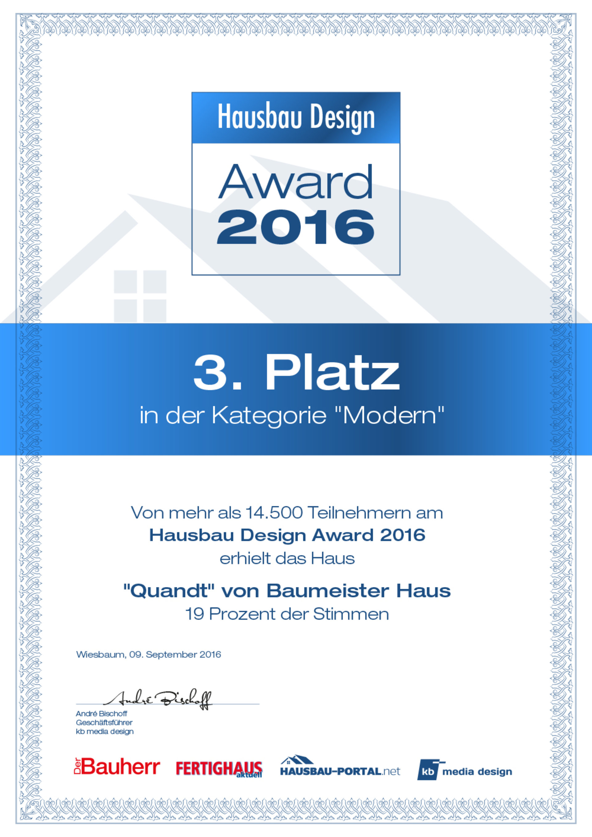 Urkunde des Hausbau Design Award 2016
