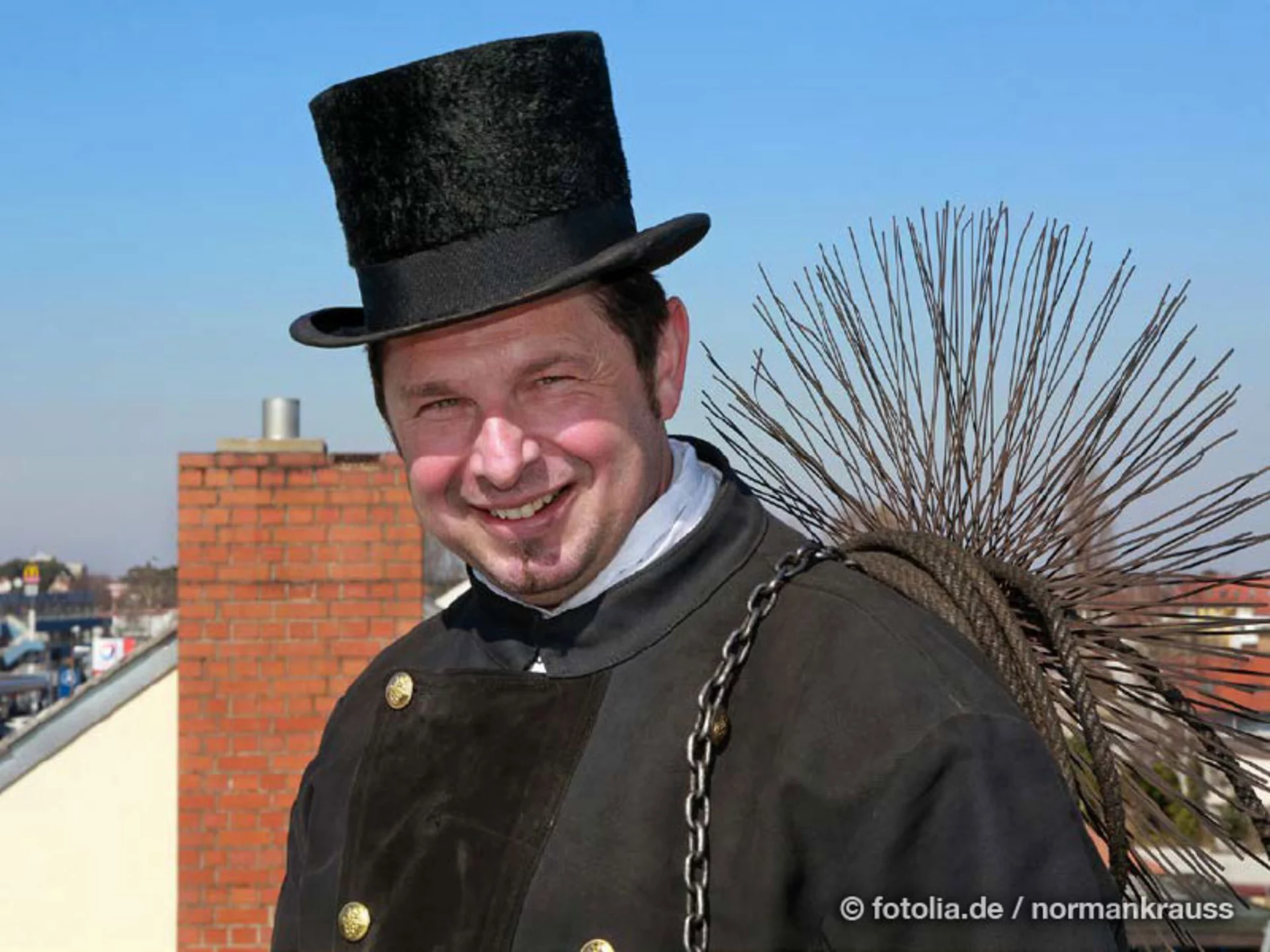 Ein Schornsteinfeger stets mit freundlichem Service im Dienst. (Foto: © normankrauss/Fotolia.com)