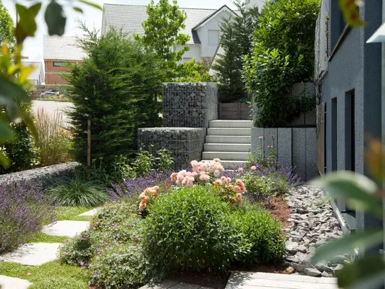Haus Hoffmann – Eine bunte Blütenpracht säumt den Gartenweg, während Büsche als Sichtschutz zur Straße dienen (Foto: © BAUMEISTER-HAUS)