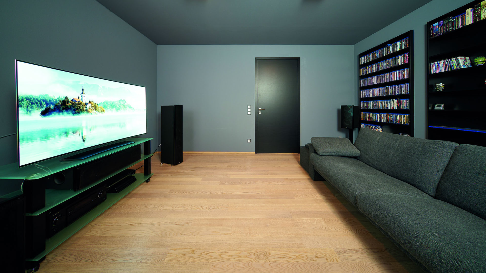 Fernseher, DVD-Sammlung und große Couch im eigenen Medienraum von Haus Zech.